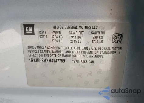 2017 Chevrolet Sonic Ls Auto z USA, uszkodzony, nr VIN 1G1JB5SHXH4147759